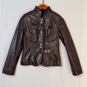 PADOVA Chocolate Brown Lambskin Leather Contrast Stitch Y2K Military Jacket XS